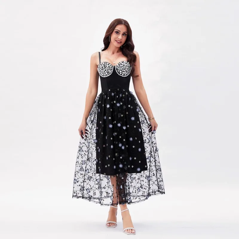 

French Style Studded Back Lingerie Integrated Dress with Sequin Three-dimensional Flower Long Skirt