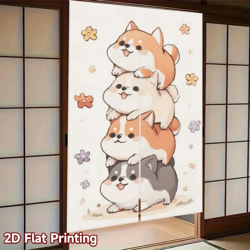 VIKAMA Cute Stacked Shiba Inu Noren Door Curtain Cartoon Puppy Floral Print Fabric Room Divider Curtain for Home Decor