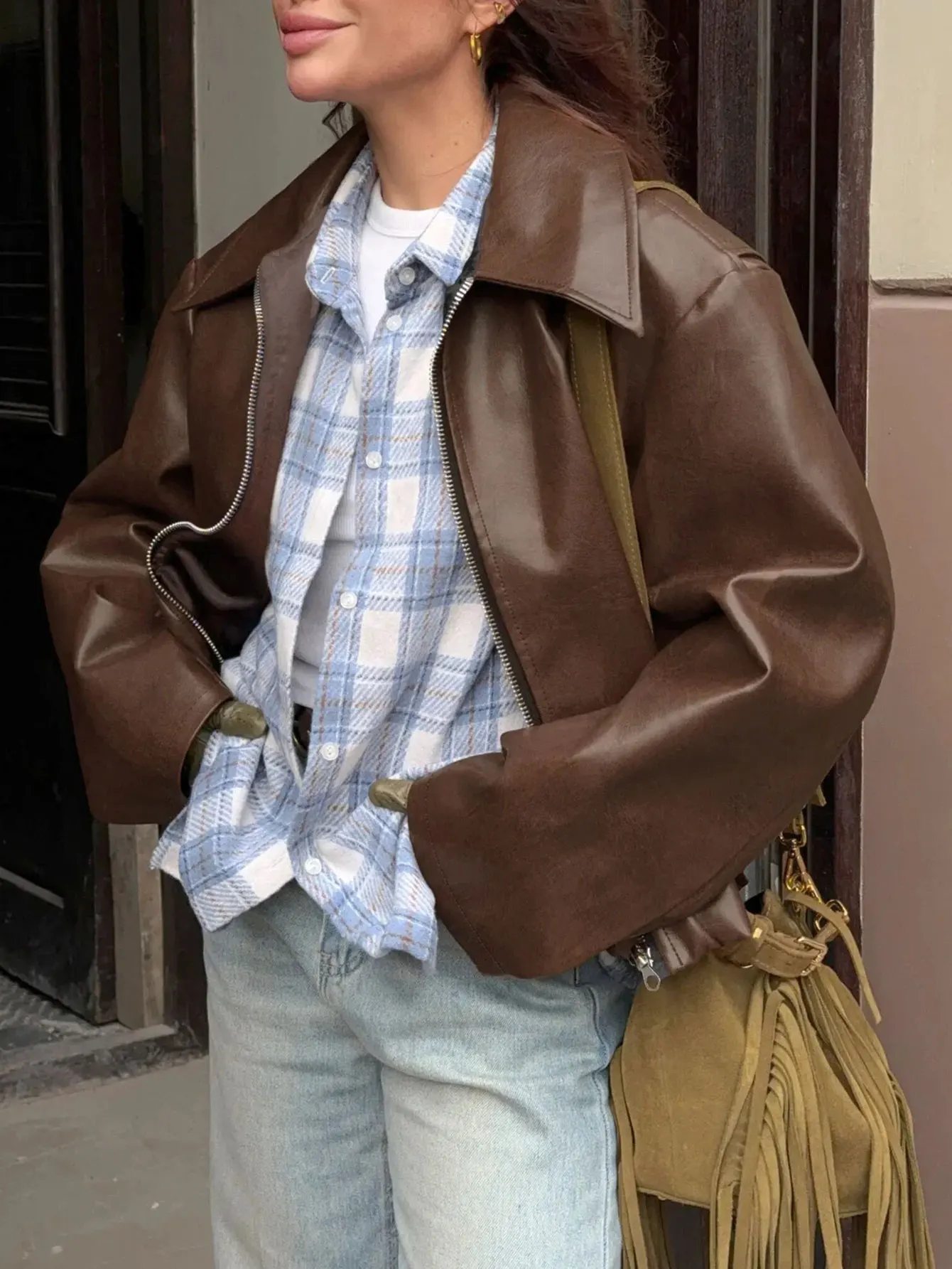 Casaco de couro estilo casual feminino elegante sem decoração jaqueta para uso diário