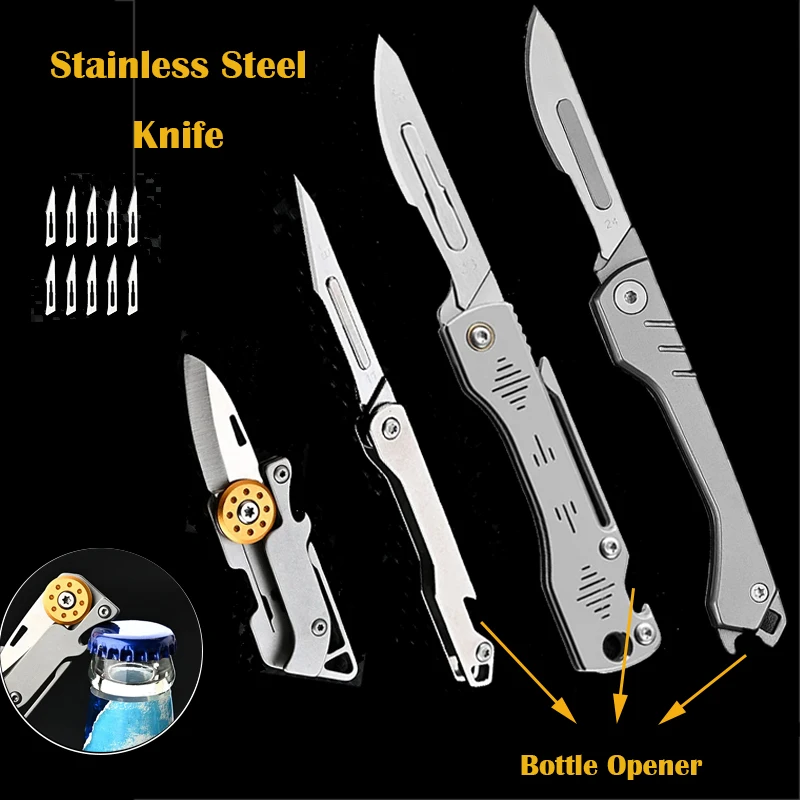 EDC  Stainless Steel Scalpel Bottle Opener Replaceable Blades Folding Knife Multifunctional Outdoor Survival Camping Tool