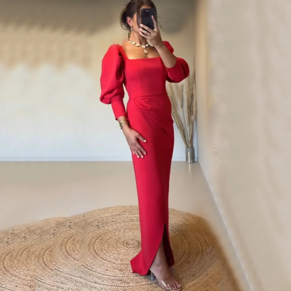 Red Square Collar Prom Dress with Puff Sleeve Sheath Front Slit Women Party Banquet Custom Made Satin Evening Gowns for Guest