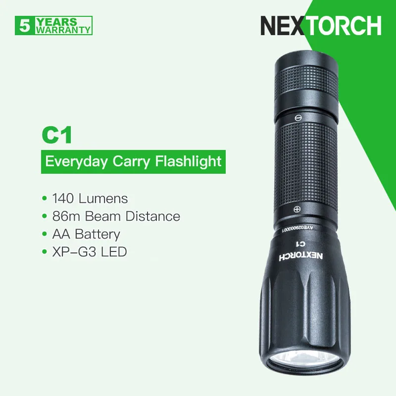 Nextorch C1 EDC Flashlight for Everyday Use with 2pcs AA Batteries, 140 Lumens, Compact, Portable, Bright, Waterproof, Anti-drop