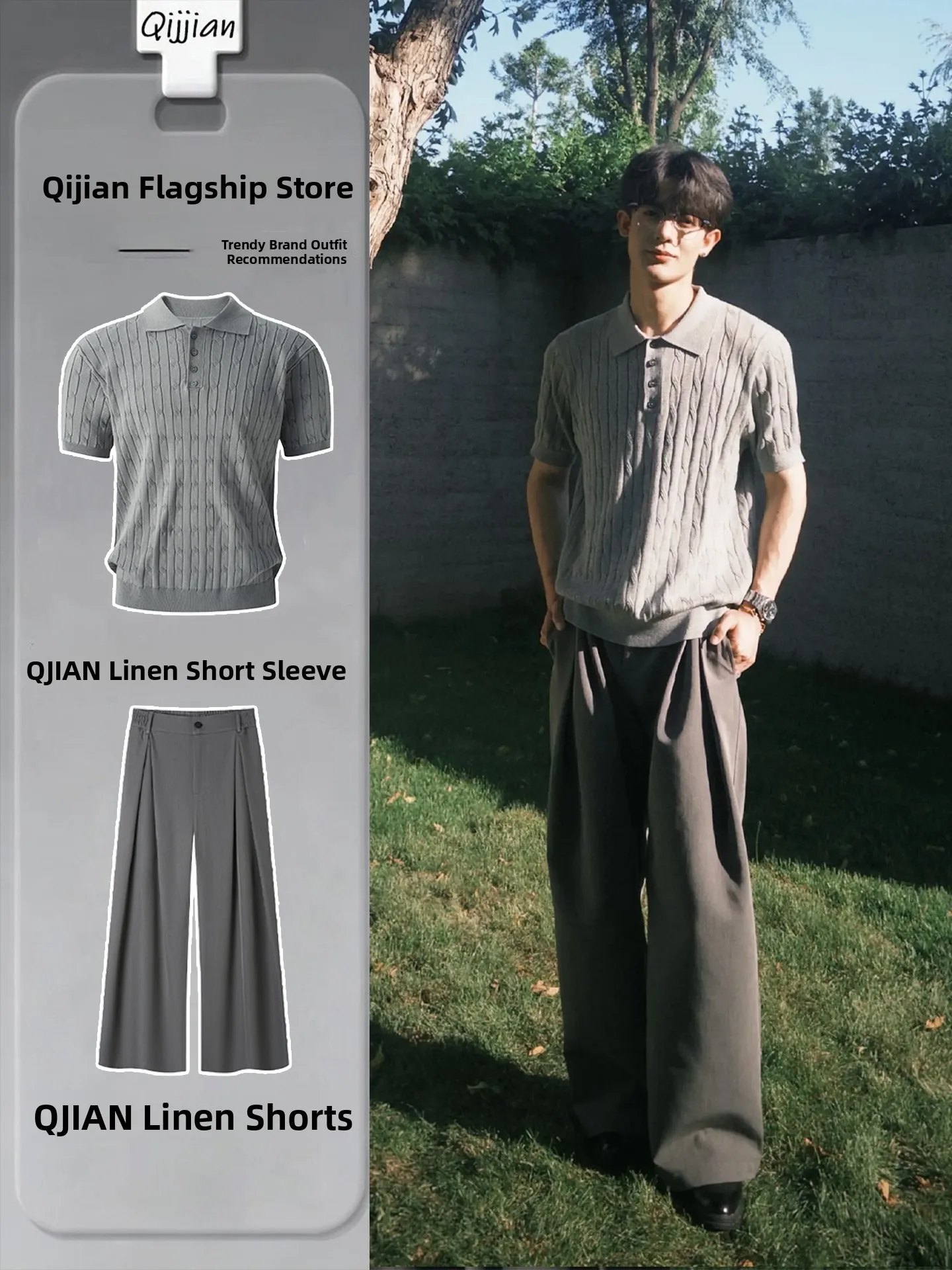 

Men's Knitted Shirt Short Sleeve Summer Grey Pleated West Pants Fashion Set Casual Wear Comfortable Breathable Youth Set