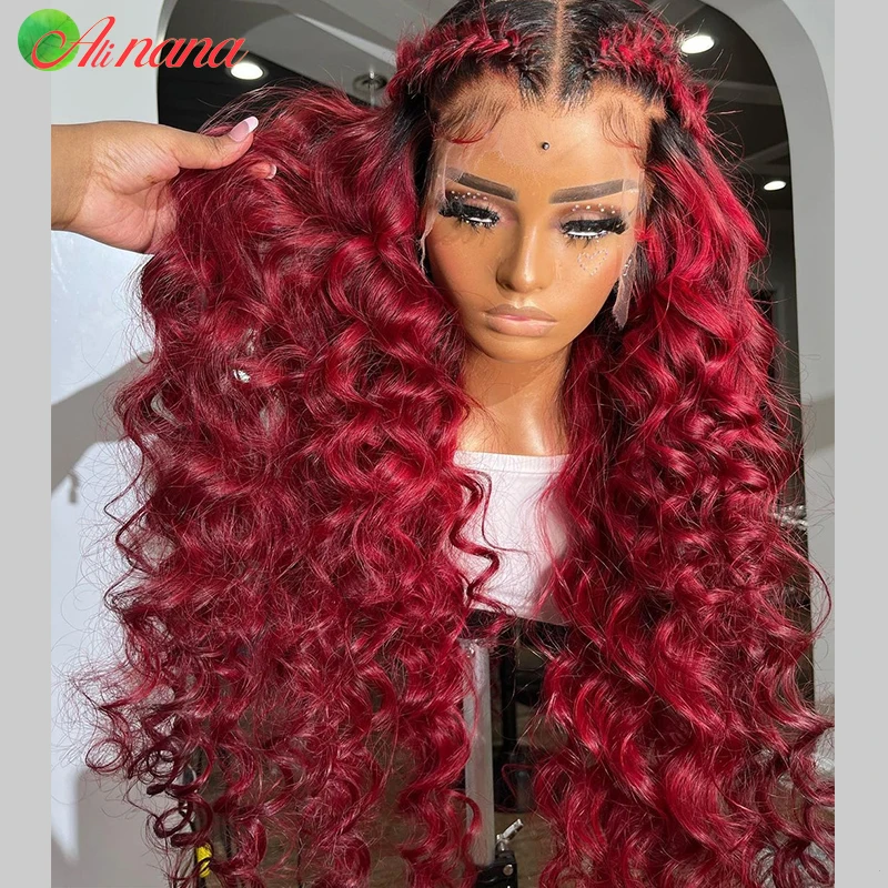 13x 4 parrucche frontali in pizzo per capelli umani parrucca con chiusura in pizzo 5x 5 riccia con onda d'acqua sciolta brasiliana di colore rosso ciliegia bordeaux per le donne