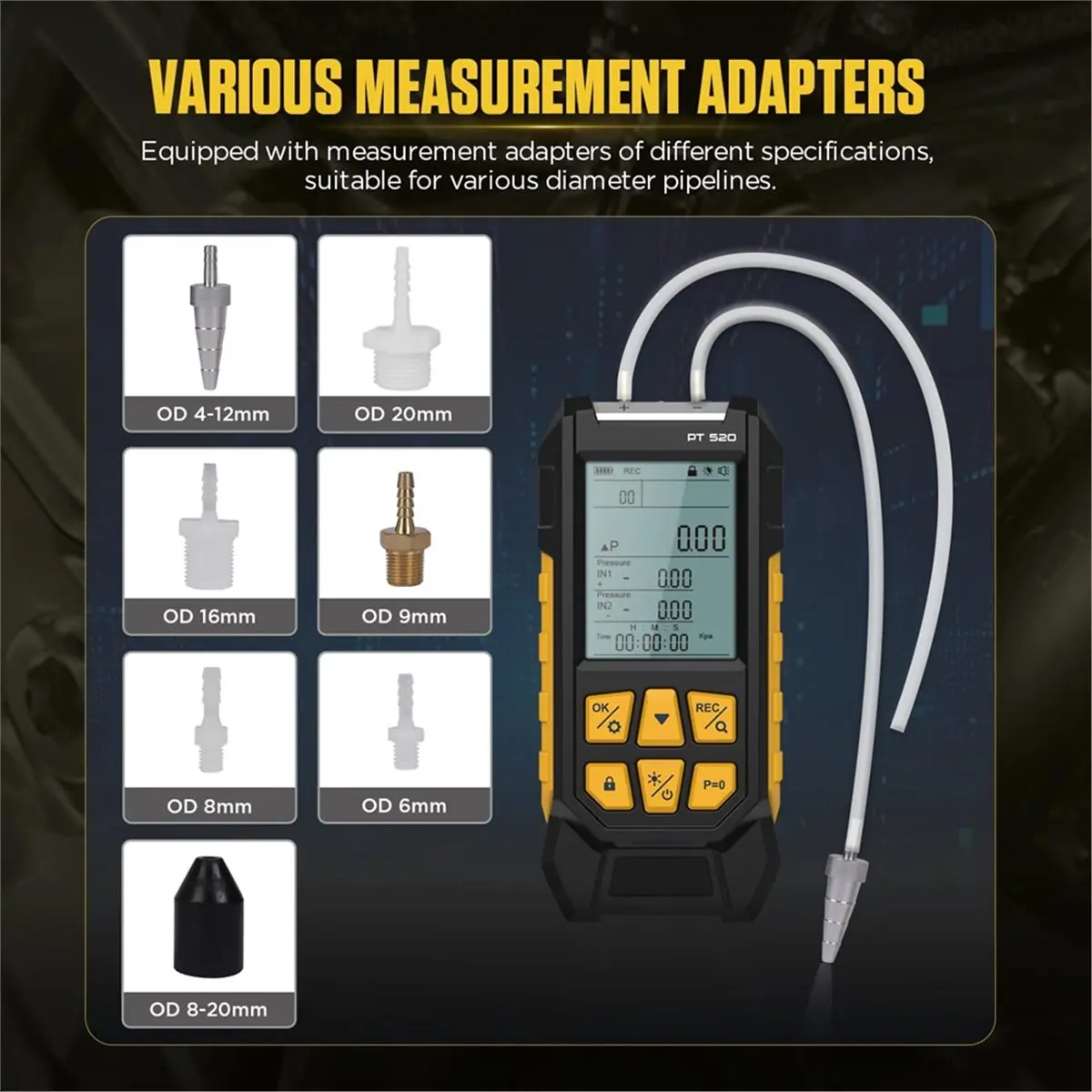 (SPOR) PT520 Digital Manometer Dual Port Air Pressure Meter with 10 Selectable Units and Various Adapters