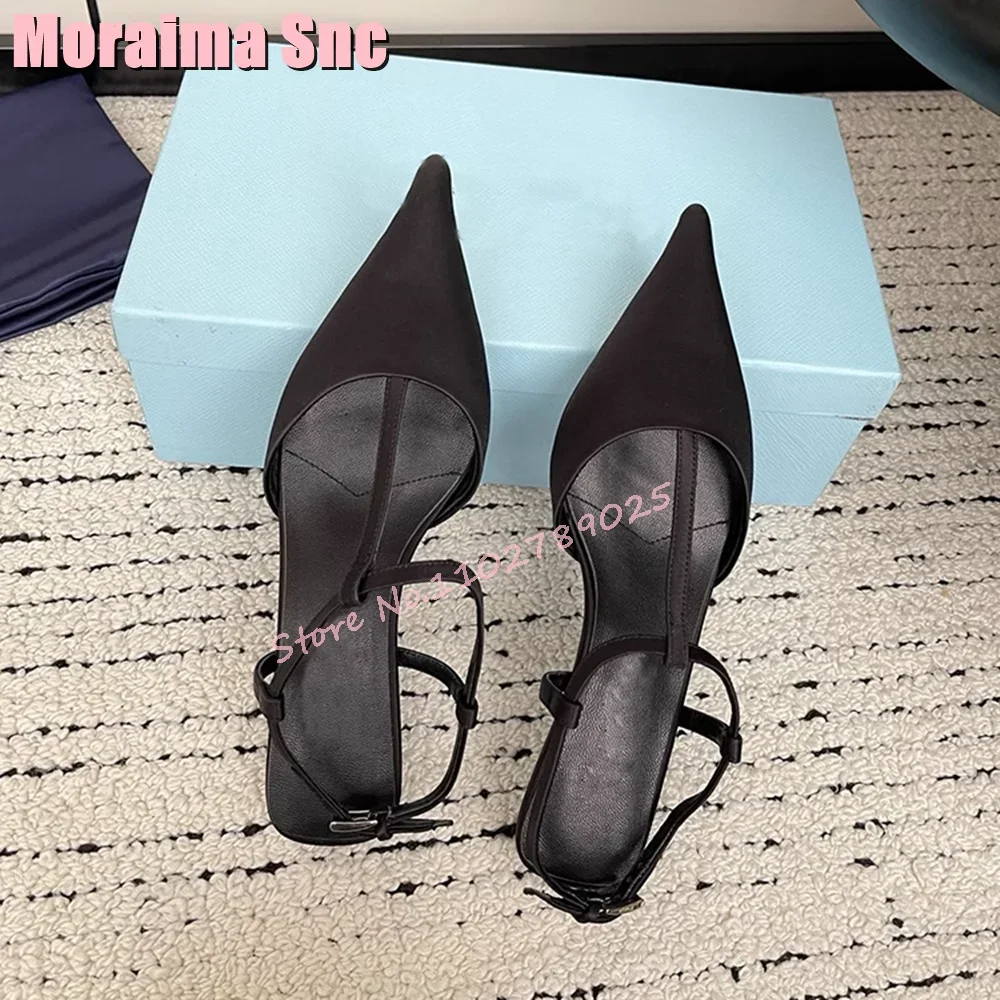 

Satin Pointed Toe T-strap Sandals Strange Mid Heel Ankle Buckle Strap Sexy Elegant Fashion Women Shoes Summer 2025 New Brown