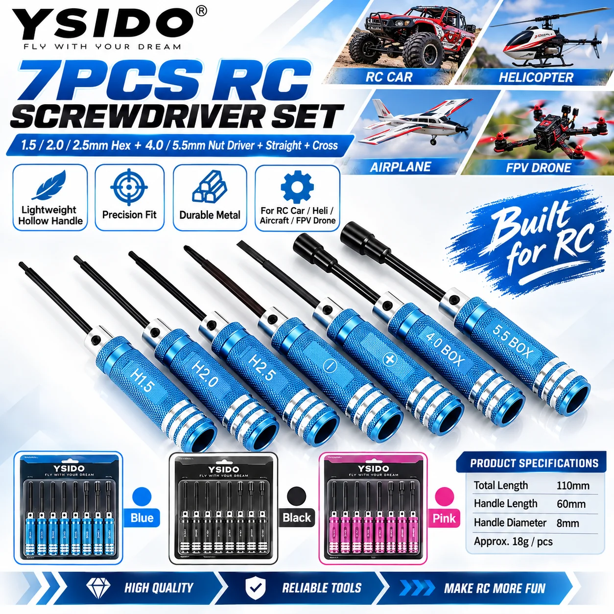YSIDO 7pcs 1.5 2.0 2.5mm Hex Screwdriver Tools Nut Wrench Kit for Wltoys Traxxas Axial RC Car Helicopter Aircraft FPV Drone
