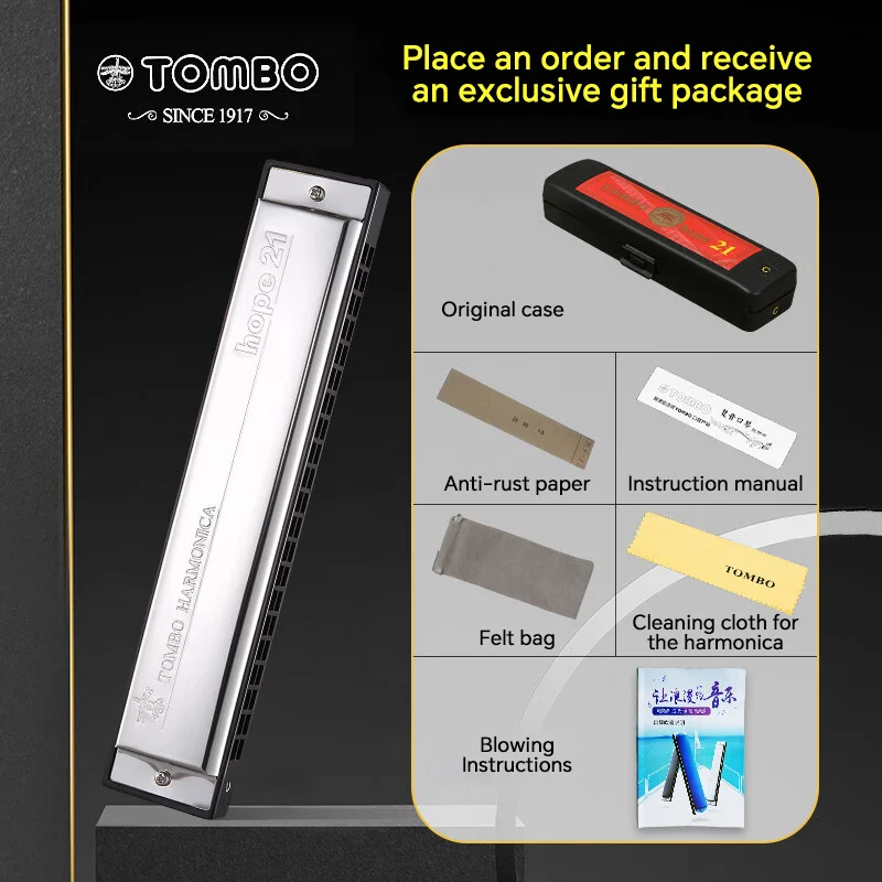 TOMBO 6621 21 Holes Tremolo Harmonica Polyphony Diatonic C Key 21 Hole Profession Harmonica Beginners Kids Aldults Silver