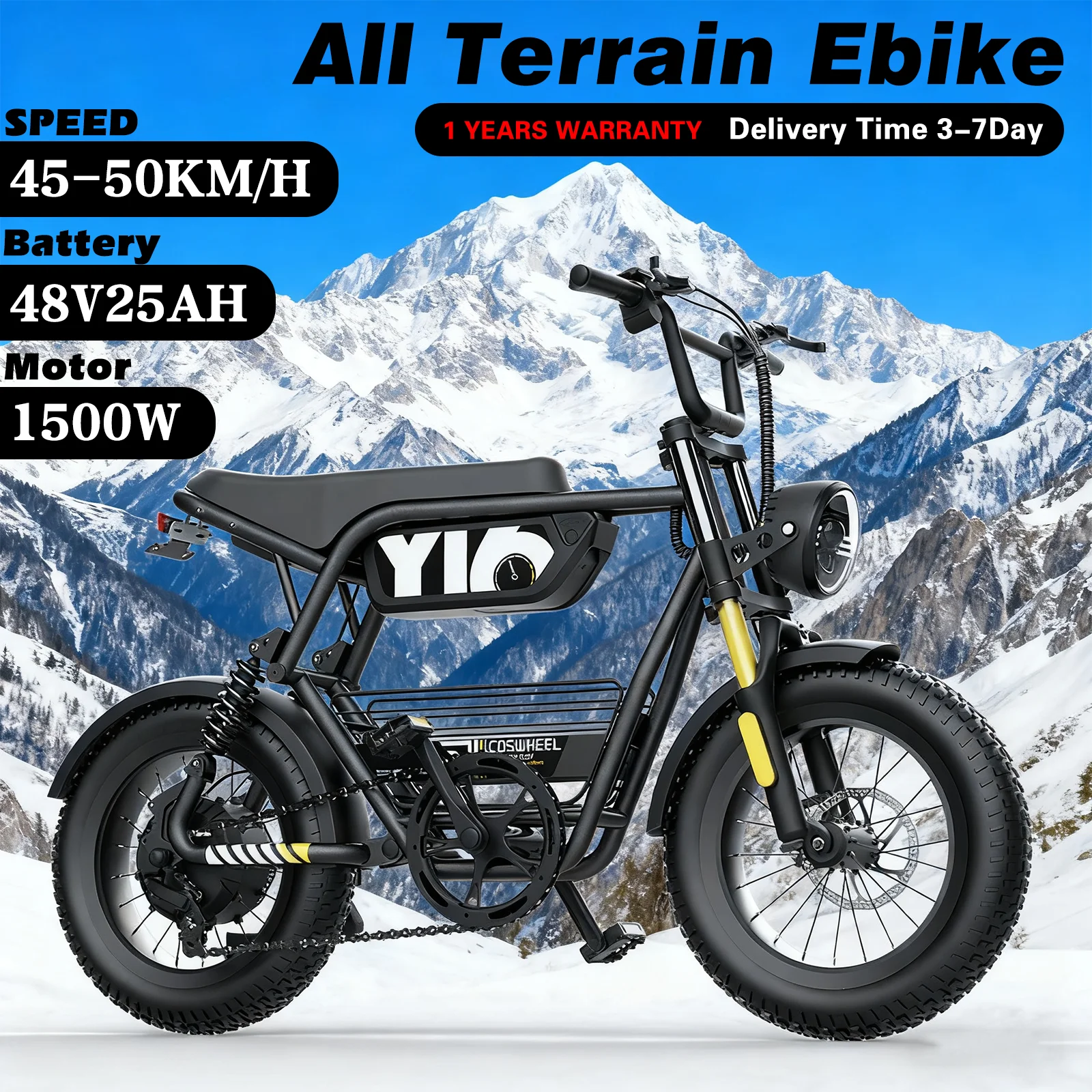 

Электрический велосипед 48 В, 1500 Вт, пиковый двигатель с аккумулятором 15 Ач | 16-дюймовый электронный велосипед с толстыми шинами и двойной подвеской, водонепроницаемый для езды по снегу на вездеход