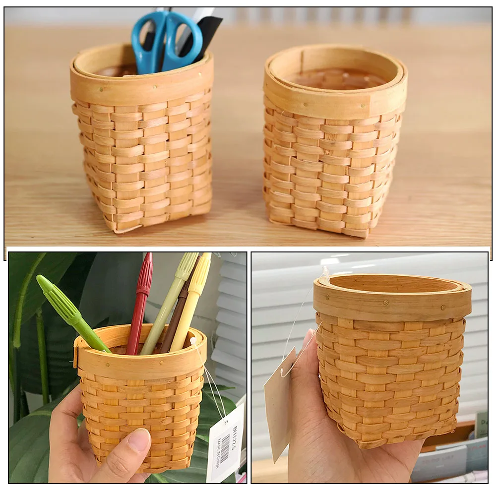

2pcs Wood Woven Holder Desktop Sundries Organizer Storage Basket For Office Home School Hand Woven Design Space Saving