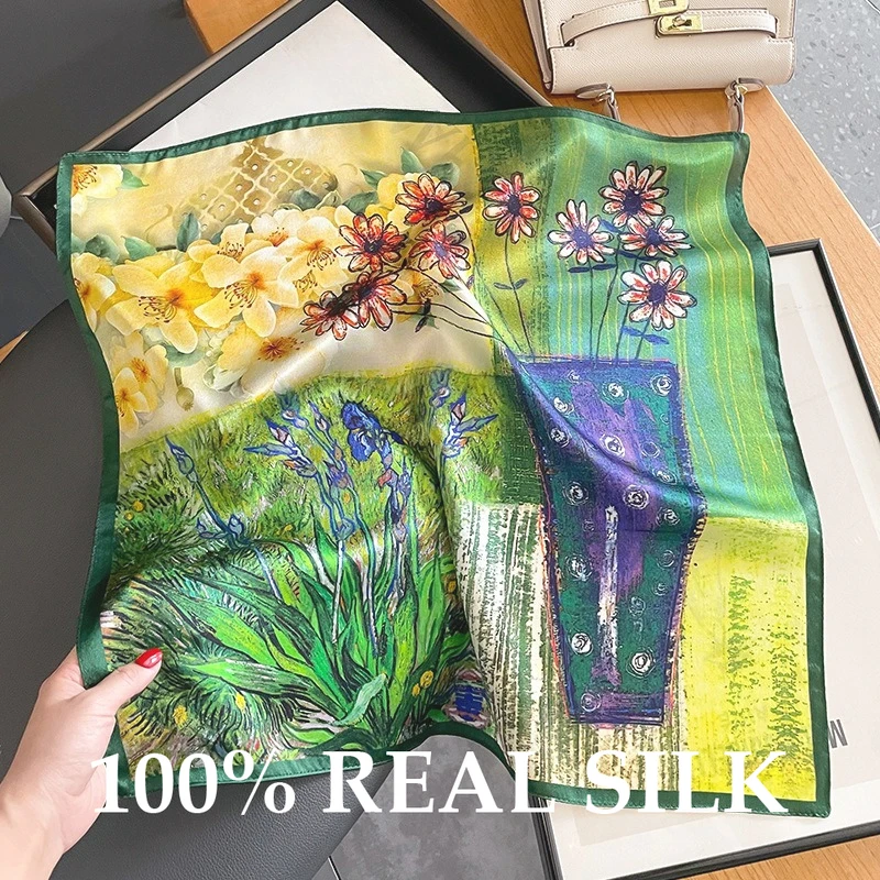 

Новый 100% натуральный шелковый квадратный платок для женщин, с принтом в стиле масляной живописи, бандана, шарф для волос, головной платок, шаль, квадратный шейный платок, модные аксессуары