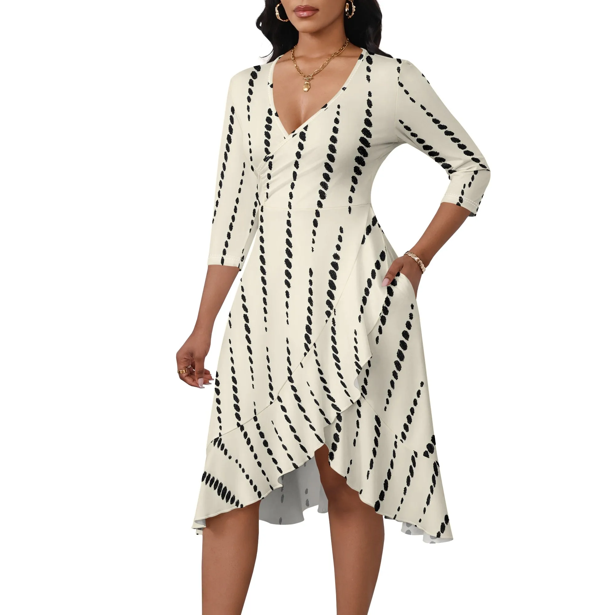 Midi Dresses for Women 3/4 Sleeve V Neck High Waist Casual Flared Wrap Belt Trendy with Pockets A-Line Cocktail Party Dress