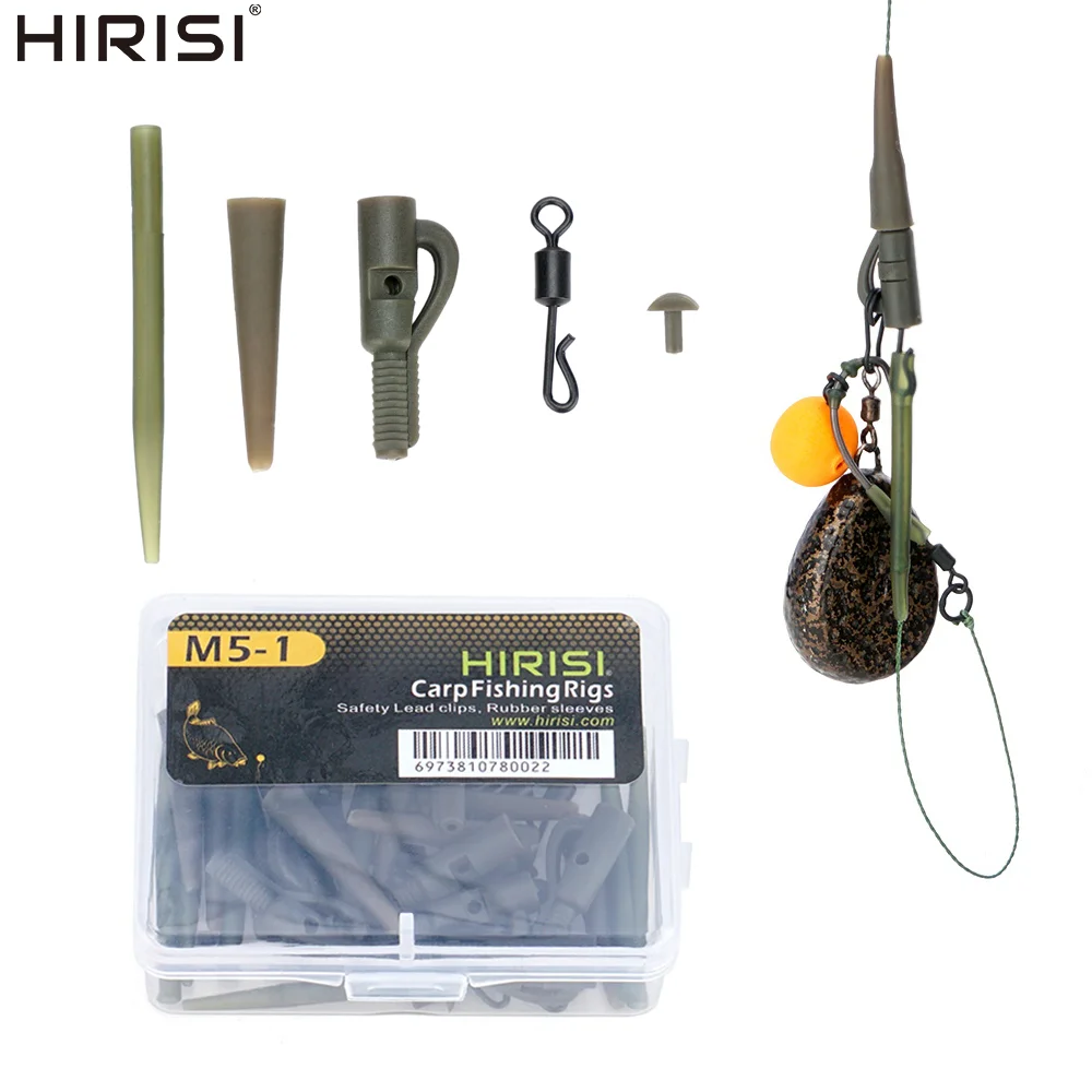 Hirisi M5-1 Komplettes Karpfenangeln-Rig-Set, Sicherheitsblei-Clips mit Anti-Tangle-Ärmeln, Schwanz, Gummikegel, Schnellwechselwirbel
