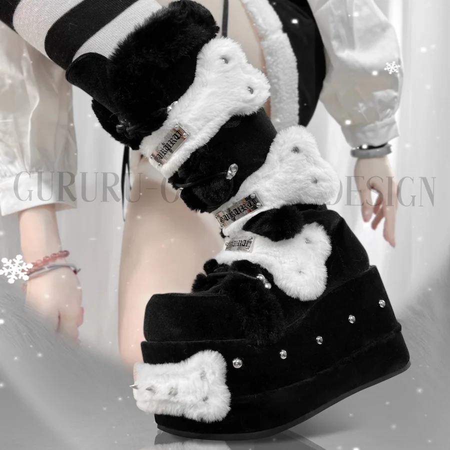 Y2K Skeleton Plush Rivet Decor 10 Cm Thick Sole Platform Knee High Boots Black White Punk Ladies Winter Fashion Women Footwear