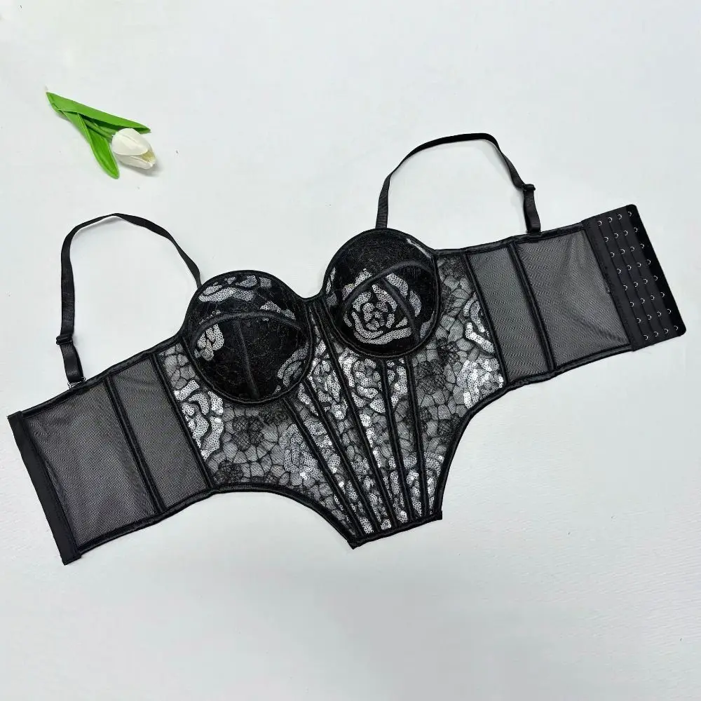 

Spicy Girl Style Hollow Lace Sequin Camisole Slim fit Transparent Crop Tops Sleeveless Tanks Lace Sequin Corset Travel