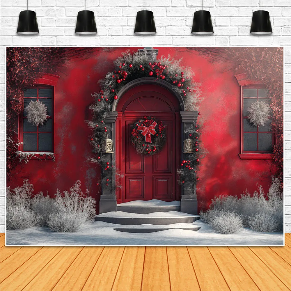 Mocsicka-写真、冬の雪の木、クリスマスリース、女性の肖像画、写真の背景の小道具のためのクリスマスの赤い壁とドアの背景