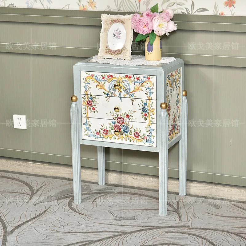 CX painted solid wood bedside, pastoral hand-painted flowers three-draw edge few B & B retro old storage side cabinet