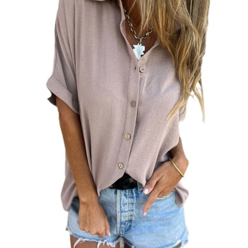 

Женская летняя рубашка с отложным воротником на пуговицах, повседневная свободная блузка с коротким рукавом