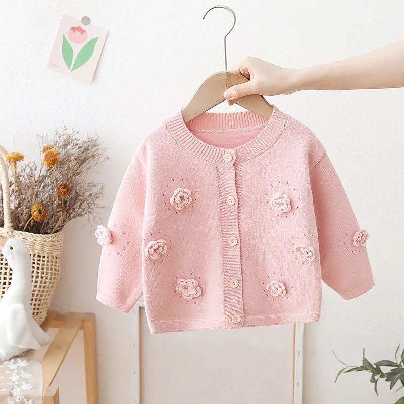 Girls Handmade Flower Knitted Cardigan 2024 Autumn New Baby Girl\'s Solid Color Long Sleeve Top Jacket Children\'s Sweater Coat