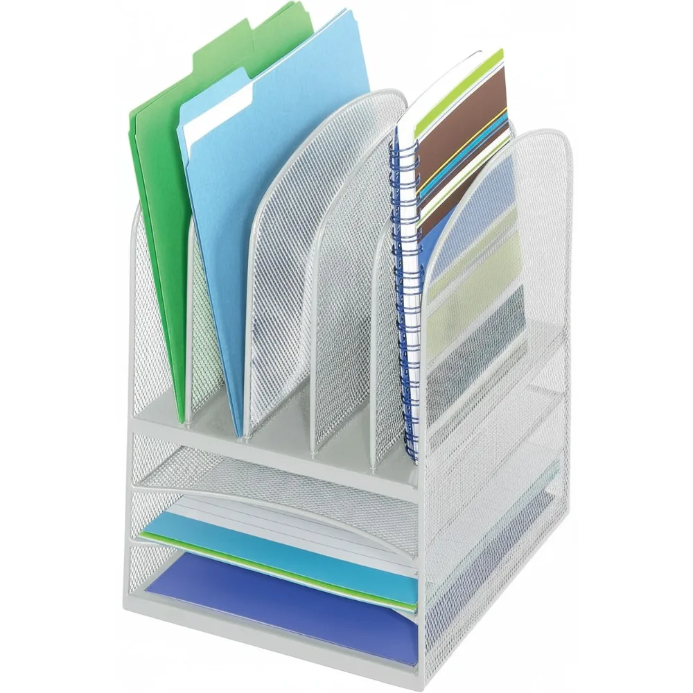 

3-Tier Mesh Desktop Organizer with 5 Vertical Sorters - Durable Steel Construction for Office & Home Organization