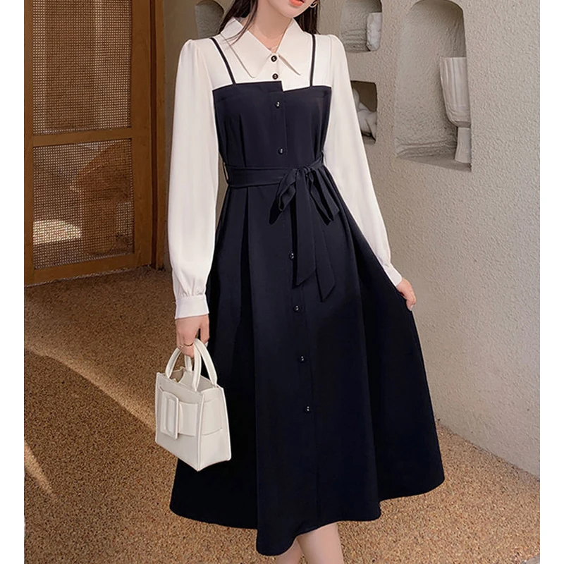 Women Stylish Lace-up Sweet Elegant Patchwork Fake Two Piece Shirt Dresses Korean High Waist Long Sleeve Slim Midi Dress Vestido