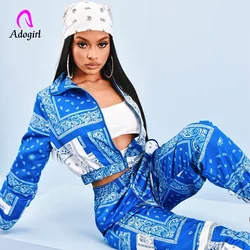 Moletom estampado Paisley Bandana feminino e conjunto de calças Jogger, agasalho vintage, moletom fitness, roupas com zíper, 2 peças