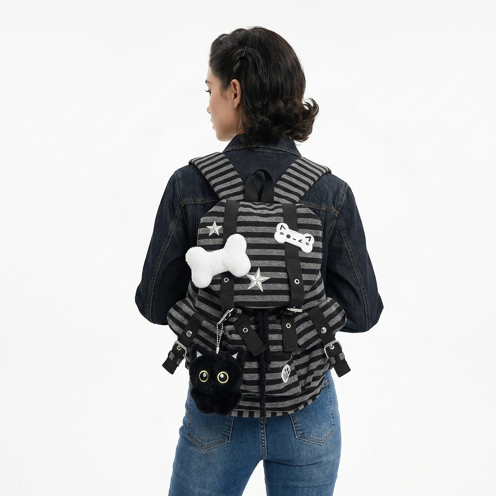 

NEW Vintage Striped Backpack Large Capacity Y2k Drawstring Bags Versatile Bag Outdoor Travel Commute Backpacks for Women Men