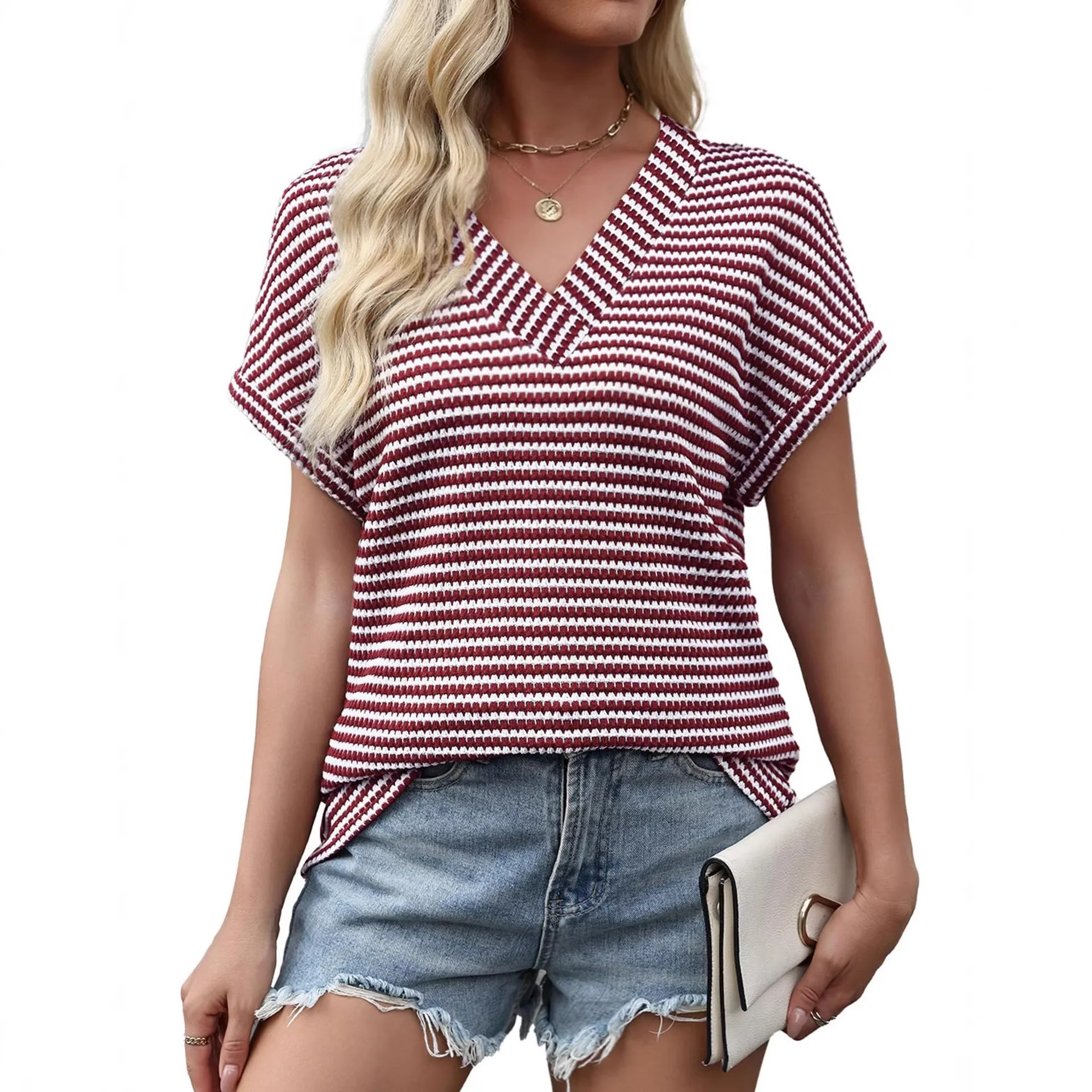 Summer V-Neck Striped Waffle Loose Short Sleeve T-Shirt Women's