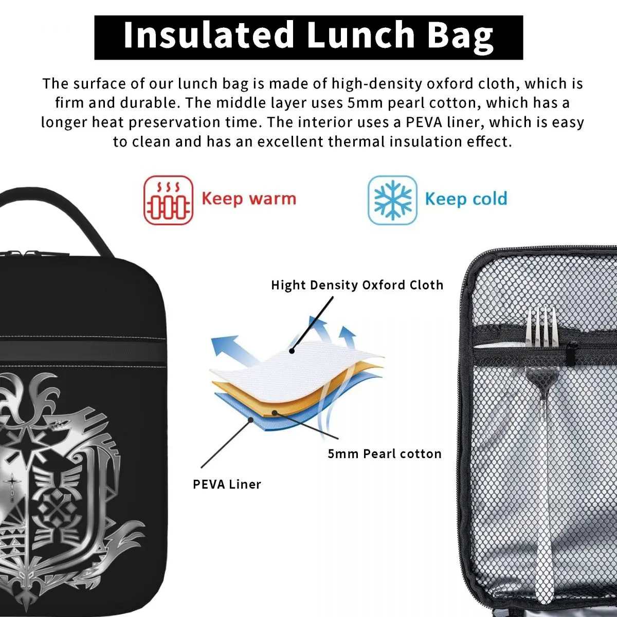 Monster Hunter World Insulated Lunch Bag for Women Children Portable Food Boxes Thermal Lunch Box Tote