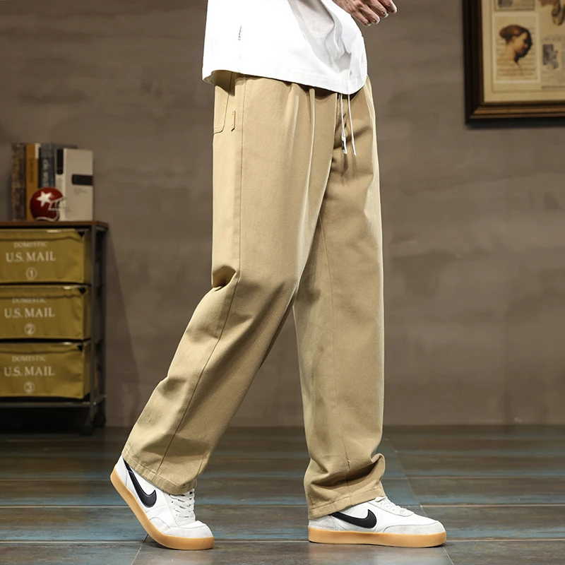 100% Cotton Men\'s Loose Wide Leg Pants Elastic Waist Fashion ArmyGreen Khaki Korean Streetwear Autumn Straight Trousers