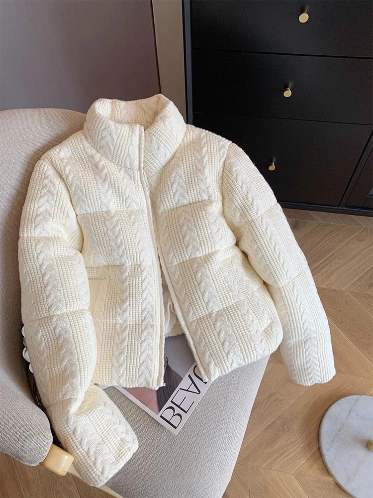 

Fashionable White Knitted Cotton Jacket Stand Collar Men's Casual Versatile Autumn Winter Korean Style Small Cotton Coat