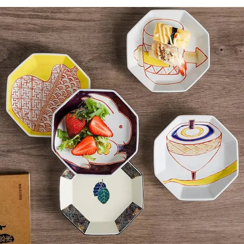 6 Inches Plates Ceramic Dinner Plate Japanese Tableware Hand Painted Octagonal Sushi Household Dishes