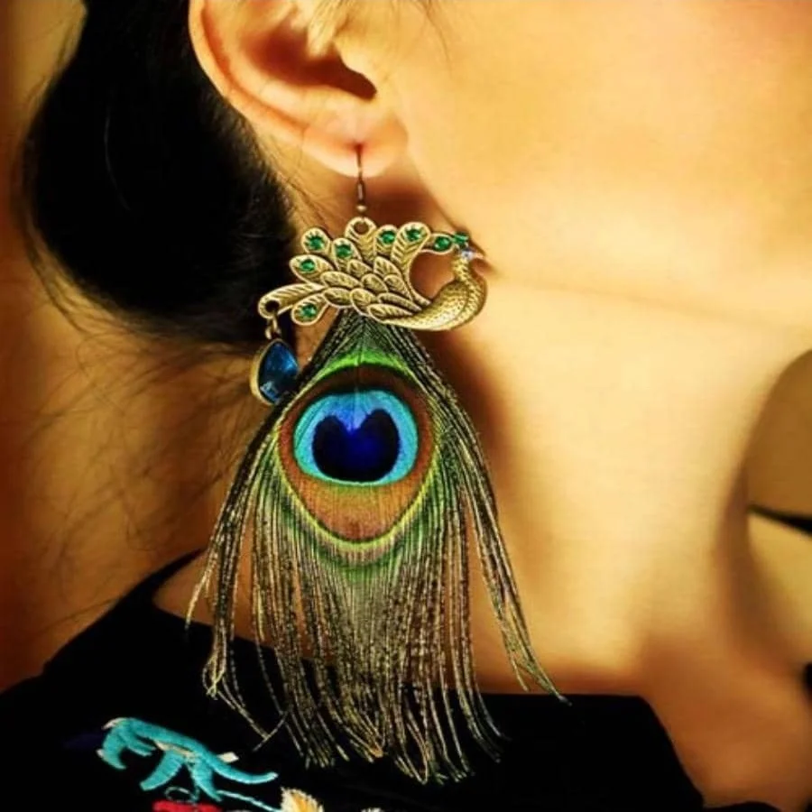 1 pair of Japanese and Korean vintage peacock feather earrings for female minority temperament personality earrings