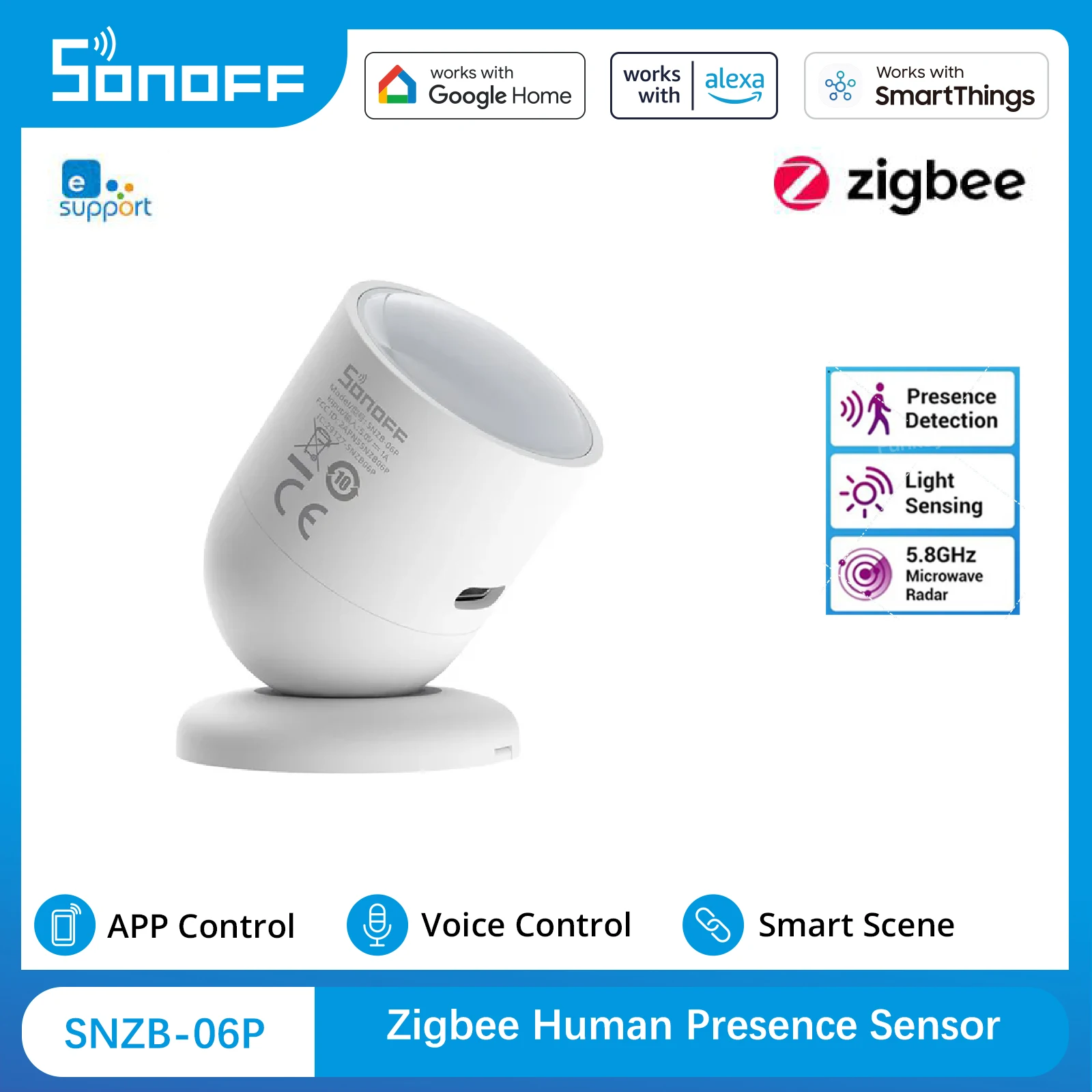 SONOFF SNZB 06P Zigbee Human Presence Sensor SNZB-06P Detector Motion Light Sensing Smart Home Automation Work with Alexa Googl