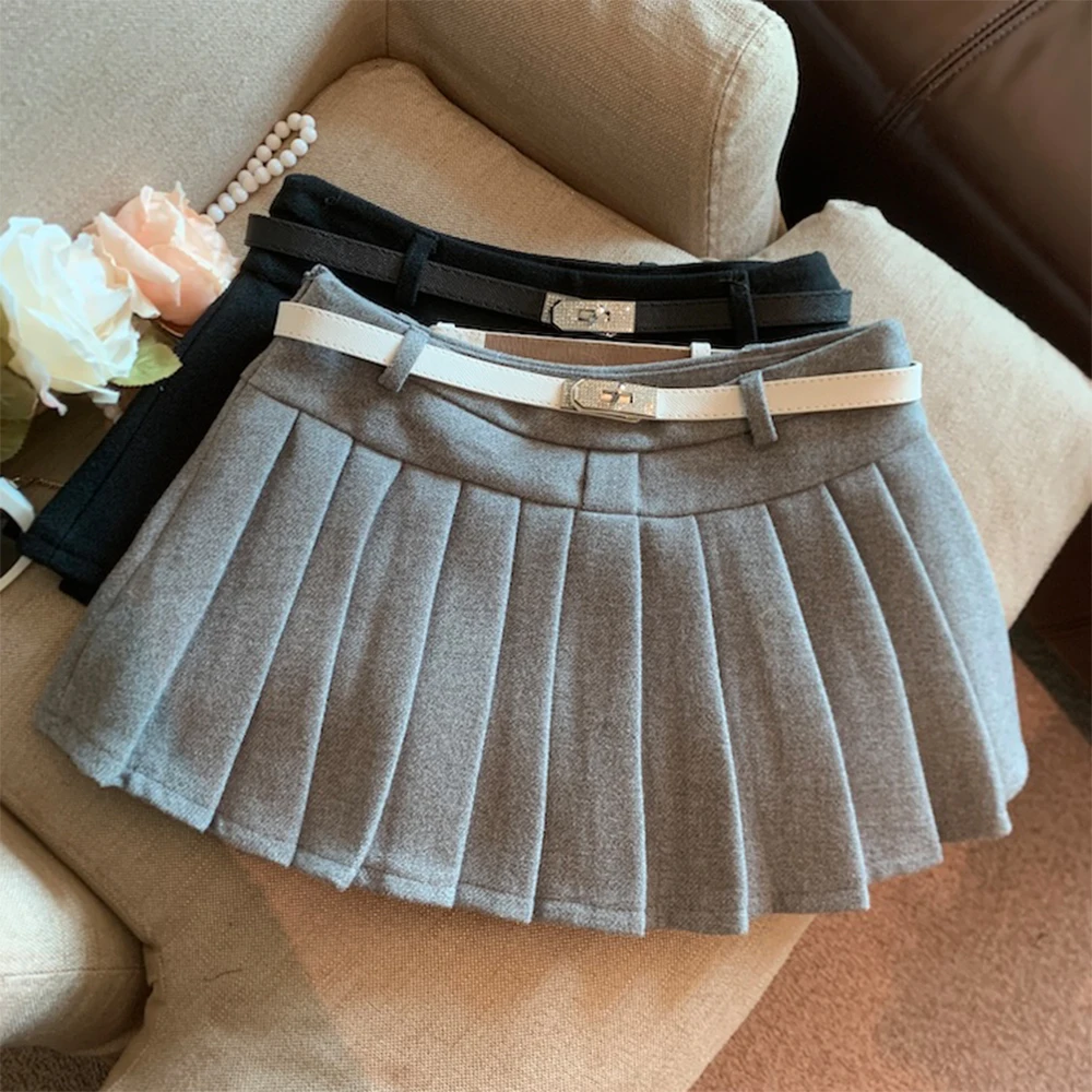 Women Khaki Mini Pleated Skirt Vintage Low Waist Short Skirt Harajuku Korean Style Y2k A-line Skirt 2000s Spring Summer Clothes