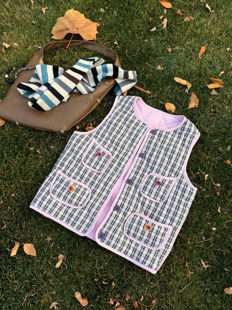 

Handmade Du down Vest Berry ape Two-Sided Wear 90 Du Feather Plaid ort Coat Casual Sle Regular Fit Warm Cotton