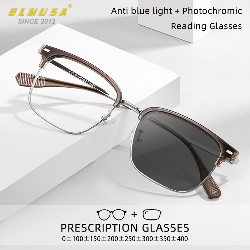 

BLMUSA Men Fashion Alloys Reading Glasses Blue Light Blocking Myopia Hyperopia Eyebrow Frame Photochromic Prescription Glasses