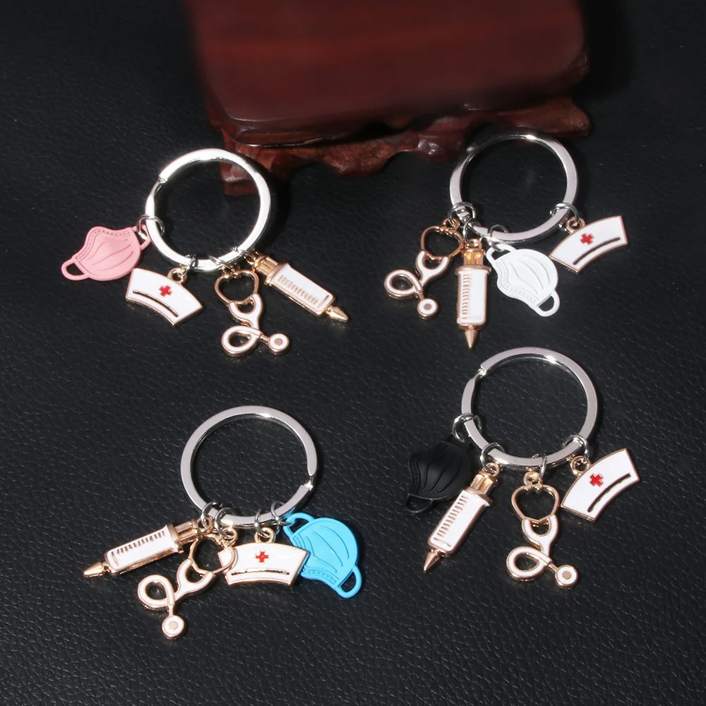 패션 간호사 의사 펜던트 키체인 마스크 주사기 간호사 캡, 청진기 키링, 여성 남성 보석 액세서리 선물