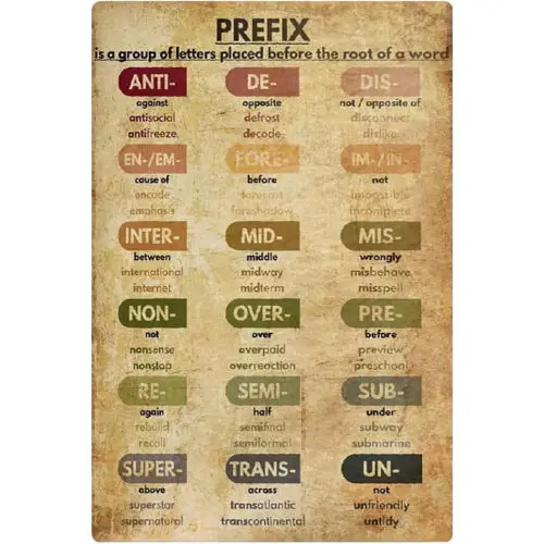 English Word Prefix Posters Vocabulary Knowledge Learning Metal Sign Wall Decor