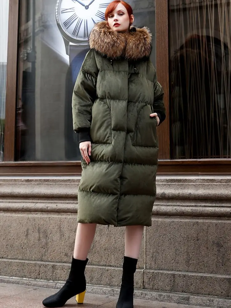 Winter Over The Knee Long velvet Fabric Duck Down Coats Female Thicker Warm Fluffy Down Fur Coats Real Fur Hooded Parkas F2292