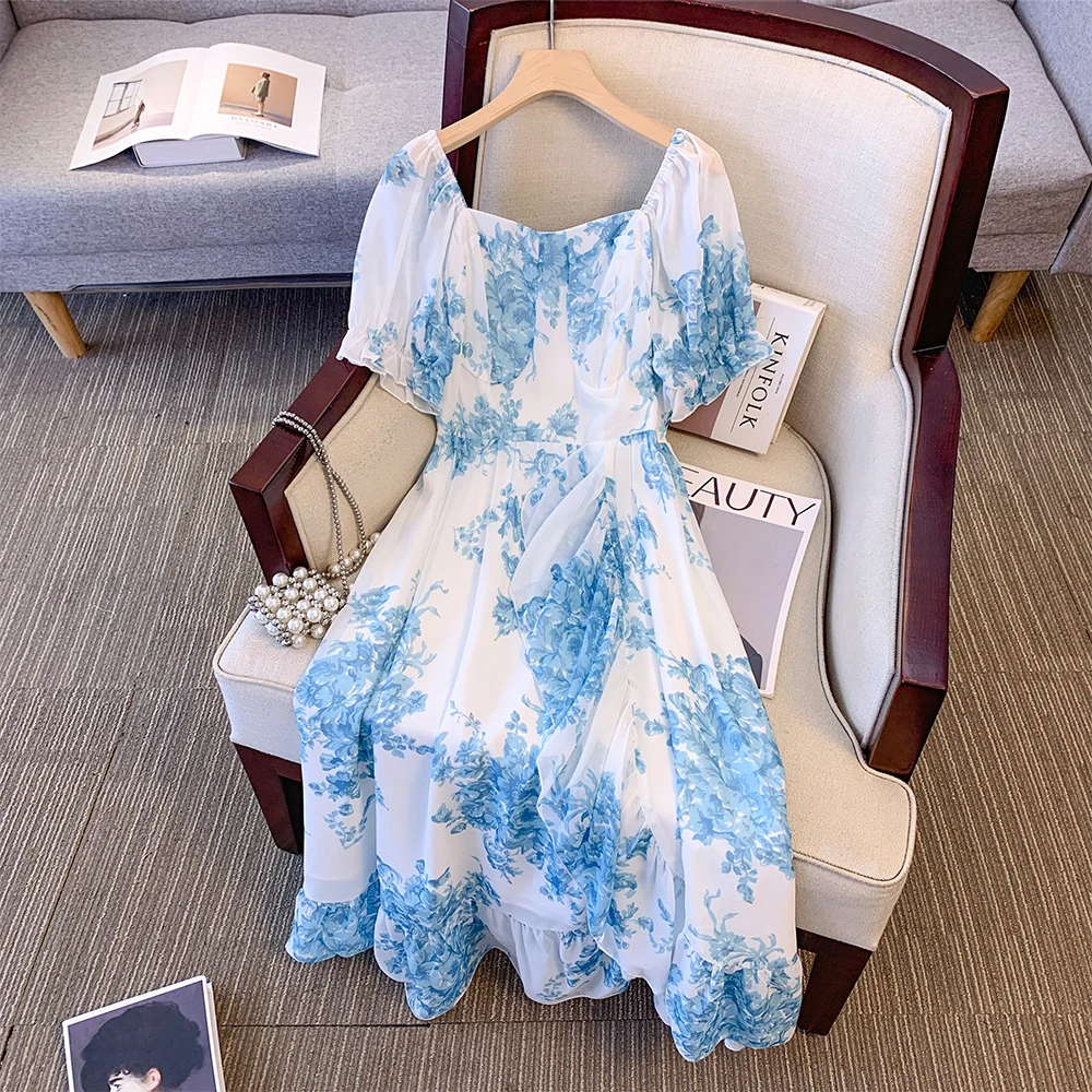 Plus size women\'s summer casual French dress Chiffon fabric blue and white porcelain style print elegant party dress loose long