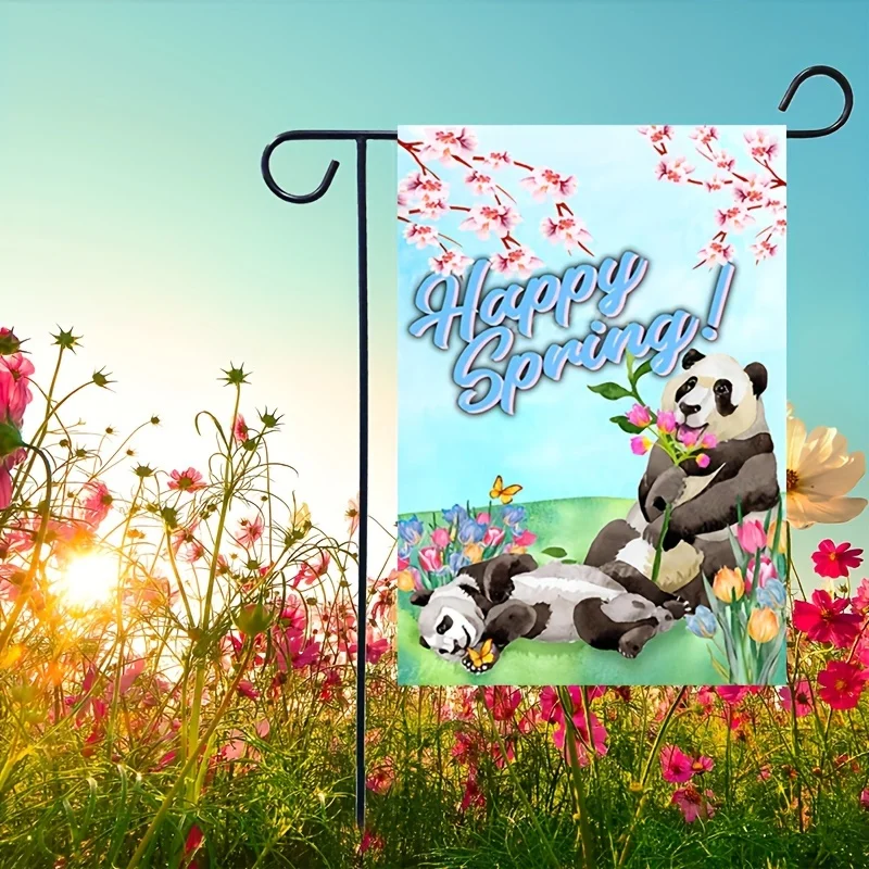 1pc Cute Panda Hello Welcome Garden Flag Spring Summer Animal Double Sided Printed Yard Flag Waterproof  Vertical Flag 12x18in