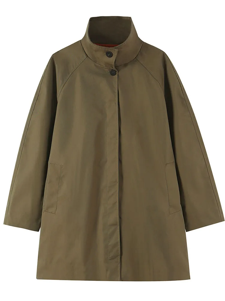 HH Mature Elegant Olive Green Stand Collar Mid-length Coat Women Fall Raglan Sleeve Tailored Office Dinner Refined Chic Jacket