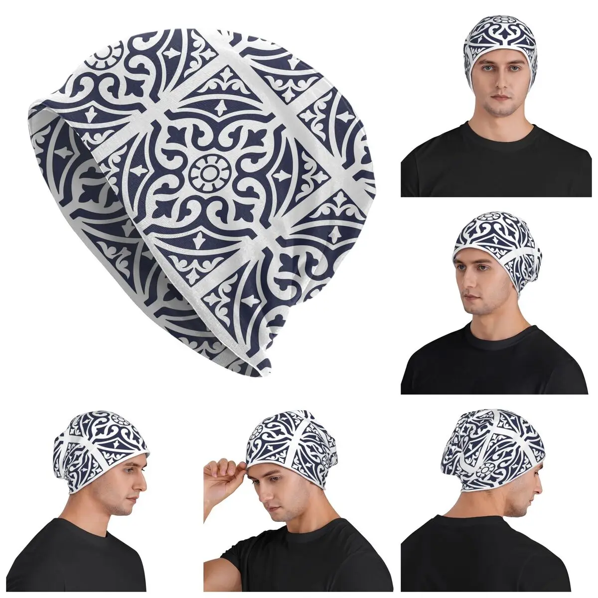 Hamptons Blue And White Moroccan Talavera Tile Skullies Beanies Hats Warm Autumn Winter Cap Knitted Bonnet Caps for Unisex Adult