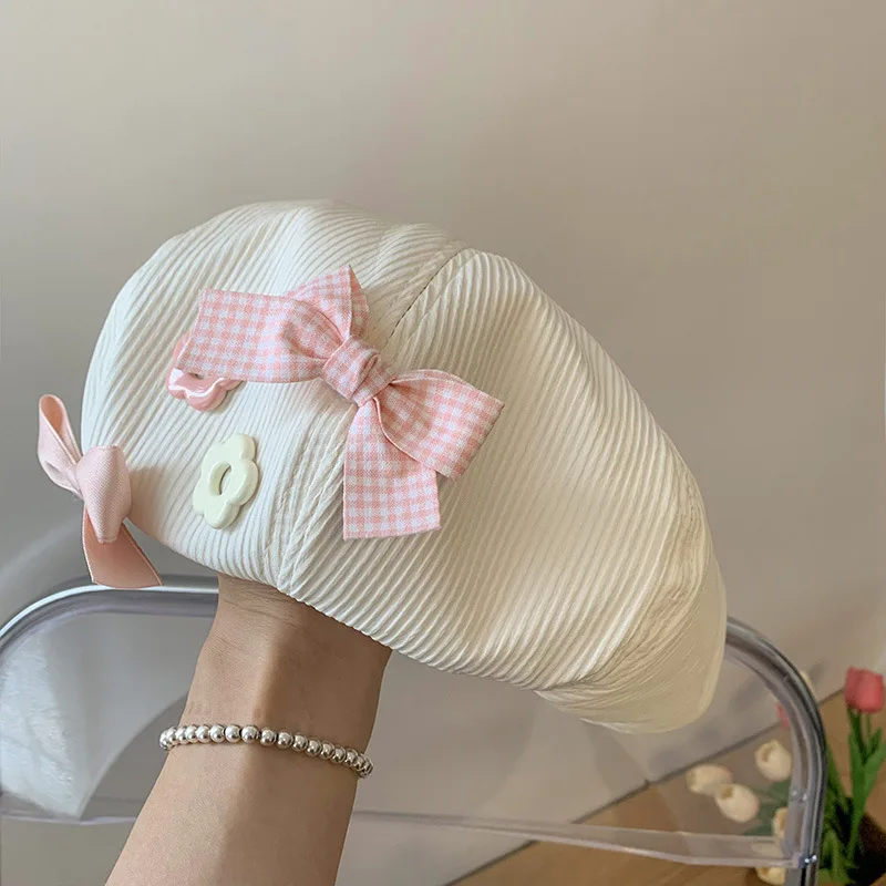 Soft Sweet Daisy Bow Hat French Biscuit Hat Beret Blue Painter Side Fold Hairpin Lolita Accessory Girls Sweet Cute Vacation Cap