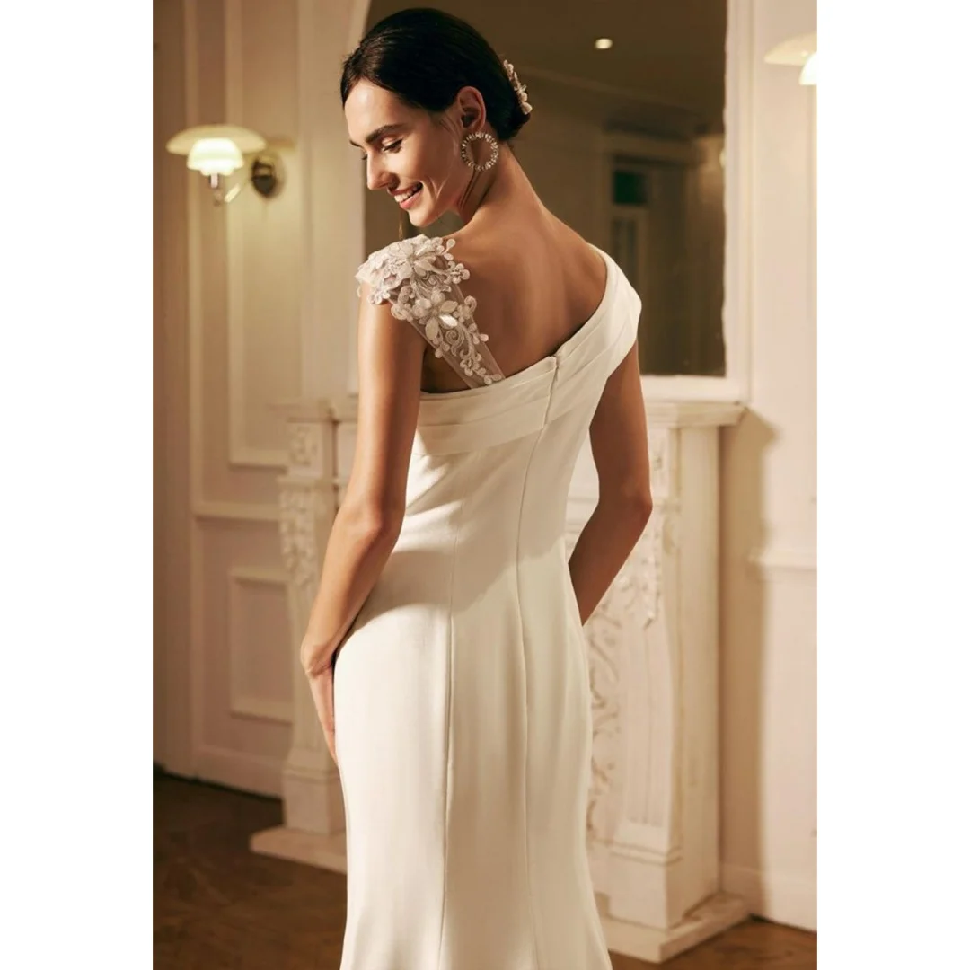 Abiti da sposa semplici in raso Splendidi abiti da sera floreali a trapezio con maniche ad aletta vintage da donna Abiti da sposa personalizzati 2025