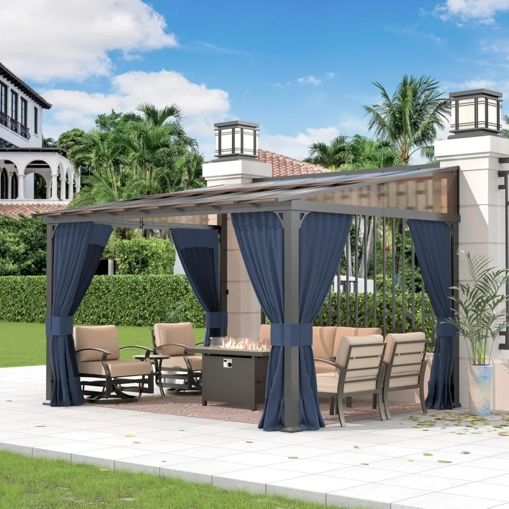 10FTx12FT Wall-Mounted Hardtop Pergola, Metal Frame Gazebo Sloping Sun Panel Roof and Double Curtains Patio, Garden, Lawn, Navy