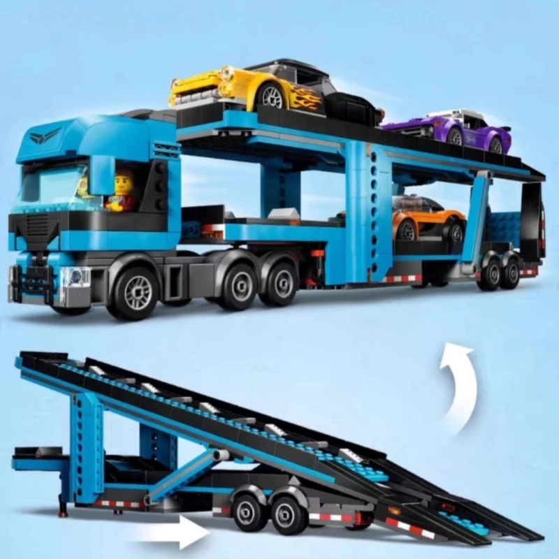 City series car transport truck building blocks, double-decker truck trailer with sports racing car, DIY assembly toy set view 5