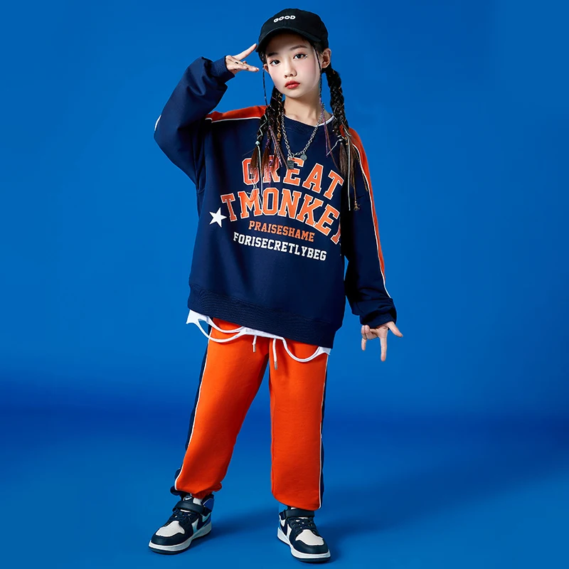 Kids Ballroom Hip Hop Clothing Navy Blue Sweatshirt Tops Casual Pants For Girls Boys Jazz Dance Costume Teenager Showing Clothes