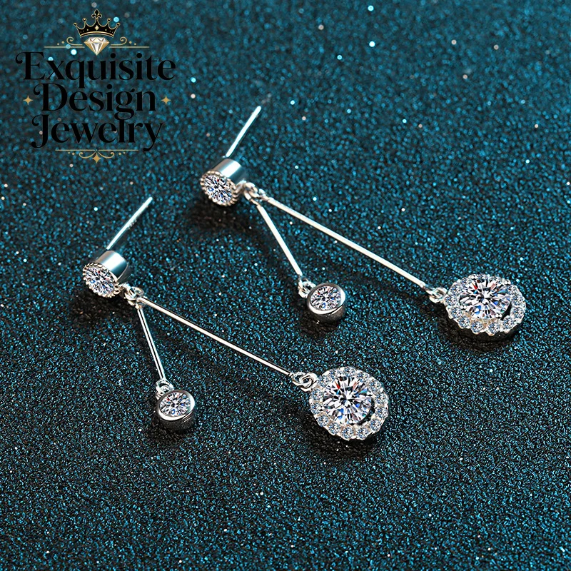 Exquisite Platinum PT950 Sparkling 1-carat Moissanite Tassel Earrings, Personalized Versatile Diamond-studded Earrings Gifts